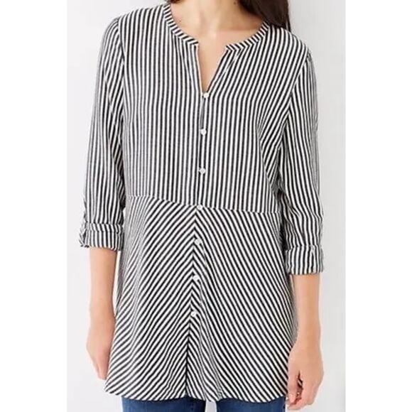 J.Jill Gray White Striped Rayon Button Down Roll Tab Tunic Blouse SZ M - Picture 1 of 8